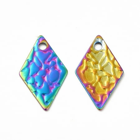 20pcs Ion Plating(IP) 304 Stainless Steel Pendants Textured Rhombus Rainbow color 16x9.5x0.6mm Hole: 1.4mm