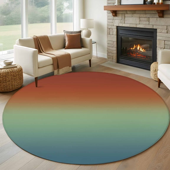 Burnt Orange Teal Ombre Round Area Rug 6 FT, Non Slip Bedroom Area Rug, Modern Abstract Art Aesthetics Washable Soft Circular Carpet Floor Mat for Kitchen Dining Room Home Office Kids Room