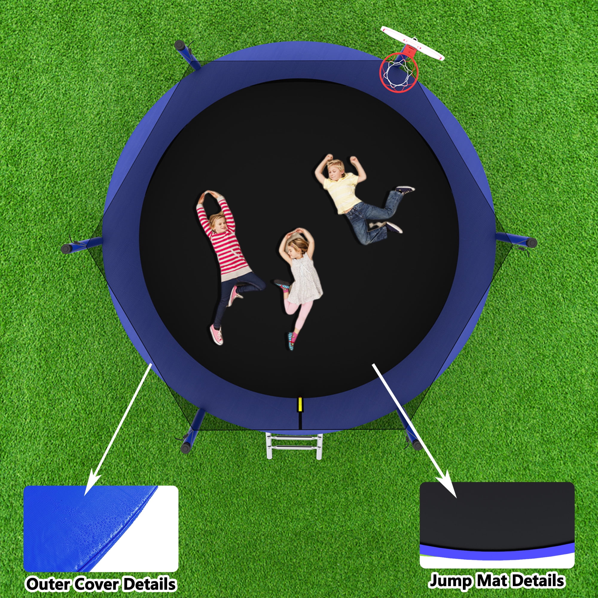 Yoneston 8FT Outdoor Trampoline with Basketball Hoop, 240LBS Round Trampoline with Ladder and Safety Enclosure for Kids and Adults in Backyard Garden, Blue