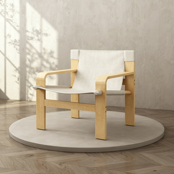 Noble House Myrtle 30" Oak Accent Chair, Mid-Century Lounge, Linen Removable Cover, Wide Arms, Solid Wood, White