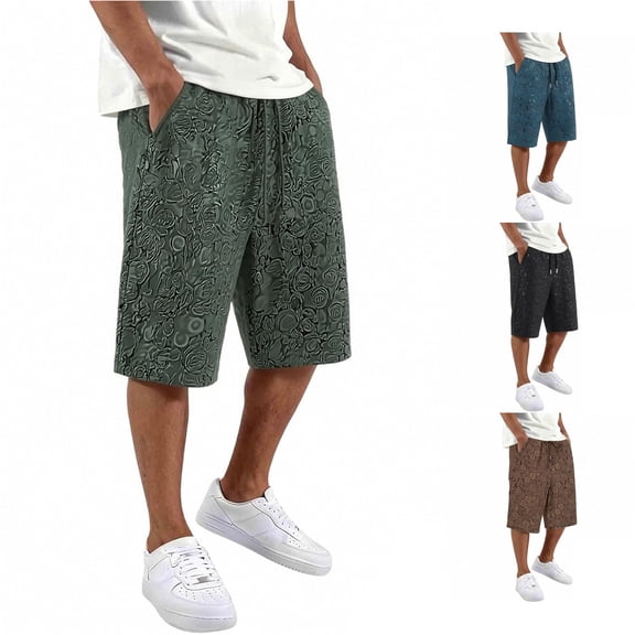 XFeng Men Black Embossed Jacquard Shorts Drawstring Elastic Waist Casual Knee‑Length Shorts