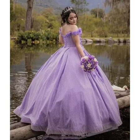 Lilac Gowns 3D Floral Strapless Sweetheart 15 Years Party Prom Dresses
