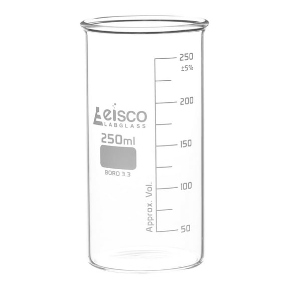 Tall Form Beaker Without Spout, 250mL - Graduated - Borosilicate Glass - Berzelius Beaker - Eisco Labs