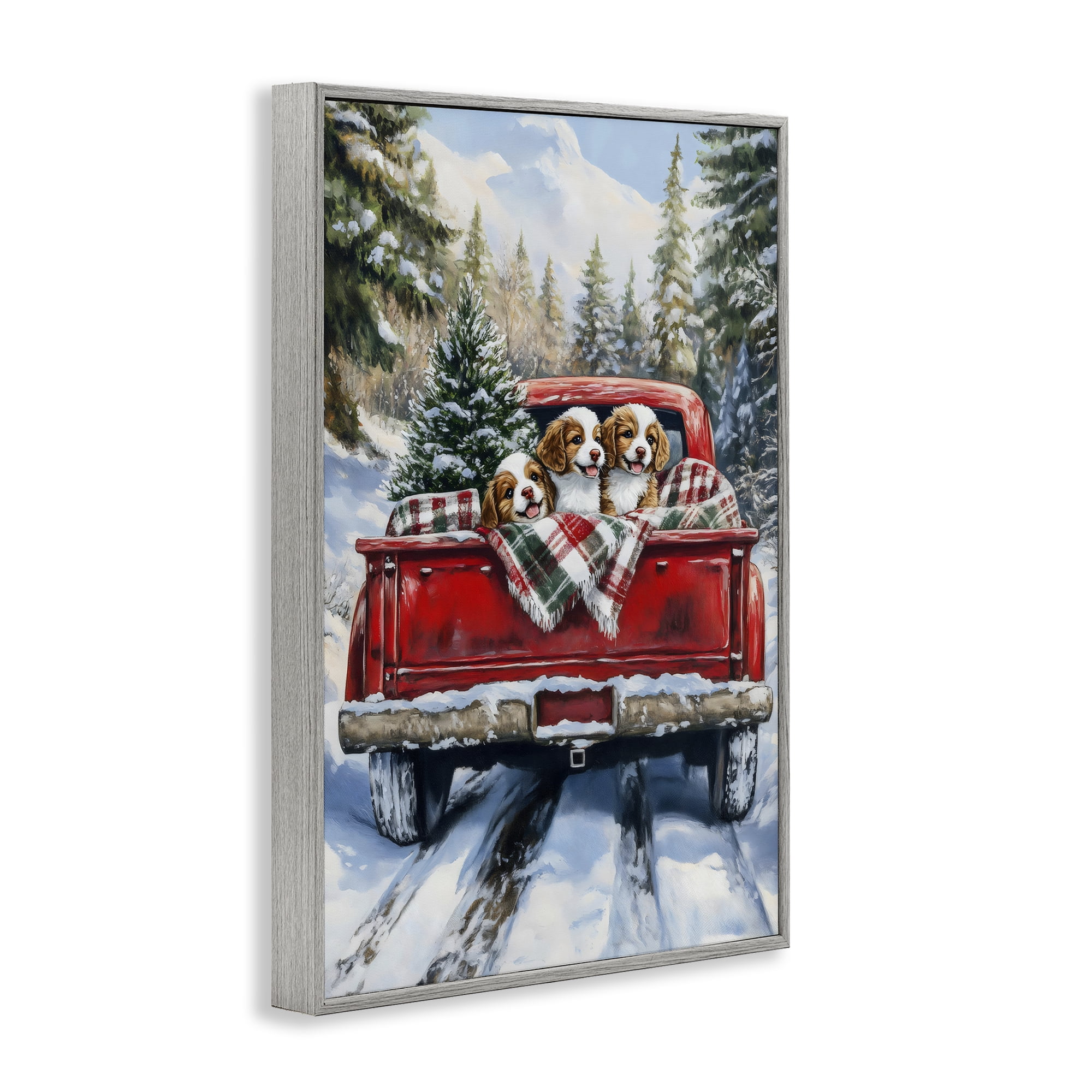 Christmas Truck Pups Trio Gray Framed Giclee Art, design by Petal Prints Design
