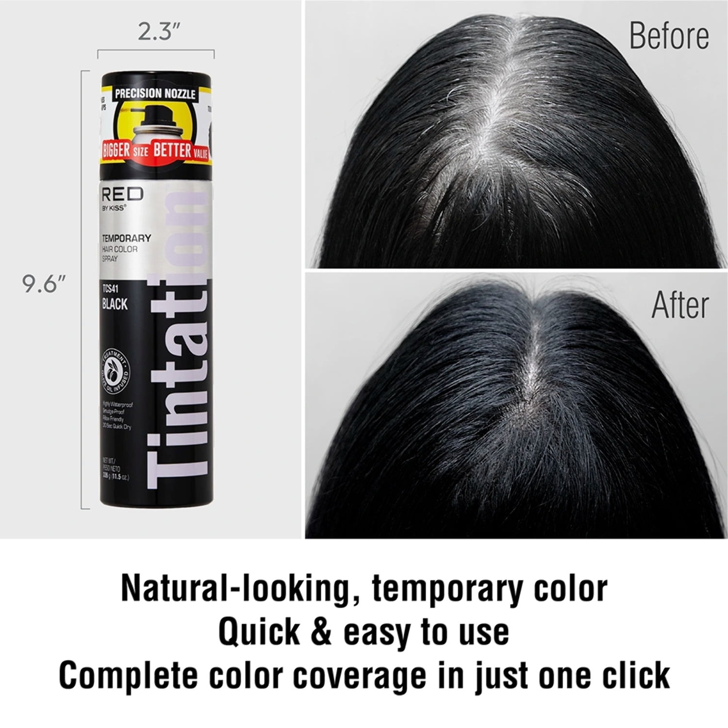 RED by Kiss Tintation Temporary Hair Color Spray, Extra Large Size, Instant Gray Root Cover Up, Water-Resistant, Smudge-Proof, Hairline & Barber Touch-Up, Quick Dry (Darkest Brown, 11.5 OZ)