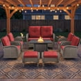 thumbnail image 2 of PARKWELL Patio Furniture Set with Propane Fire Pit Table, 10-Piece Outdoor Sectional Conversation Set, Gray PE Rattan Patio Loveseat Glider with Swivel Chairs and Ottomans for Porch Deck, Red, 2 of 15