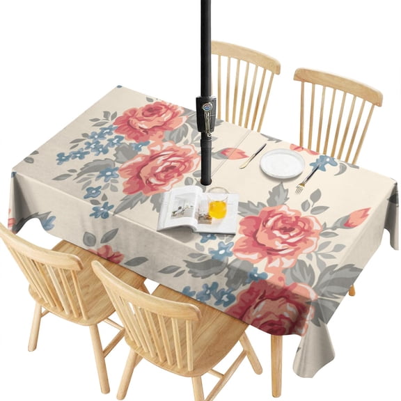Outdoor Waterproof Tablecloth with Umbrella Hole and Zipper,Pioneer Dark Red Roses Bouquet Beautifu Rectangle Reusable Durable Decor Table Cover for Party Picnic Patio 60×120 Inch