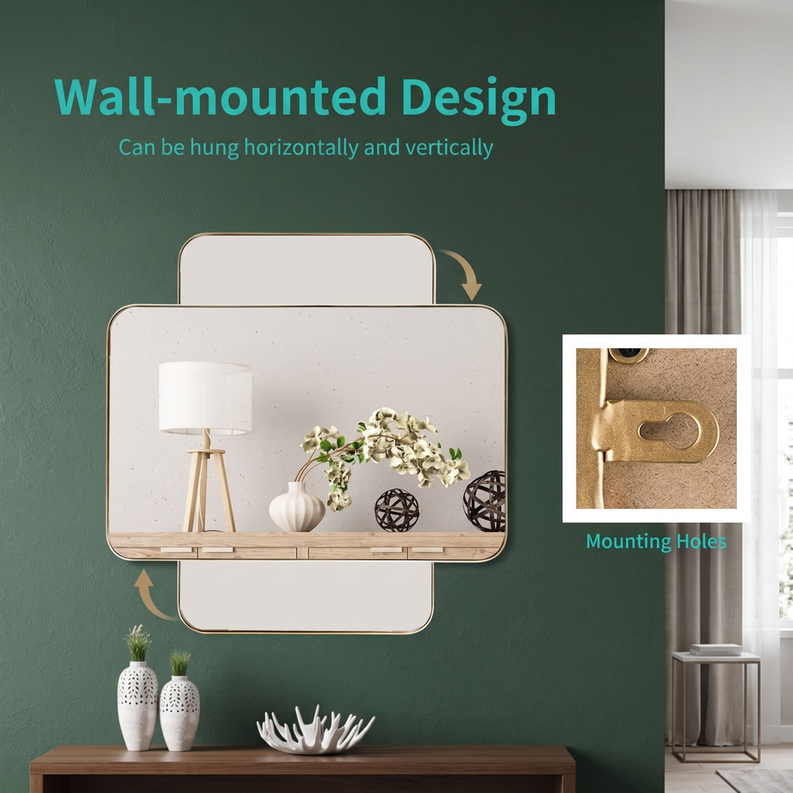 ALPULON 32 x 20 Inch Metal Frame Rectangle Wall Mirror, Wall-Mounted Bathroom Vanity Mirror with Explosion-Proof HD Glass for Entryway Living Room Bedroom Hallway, Gold