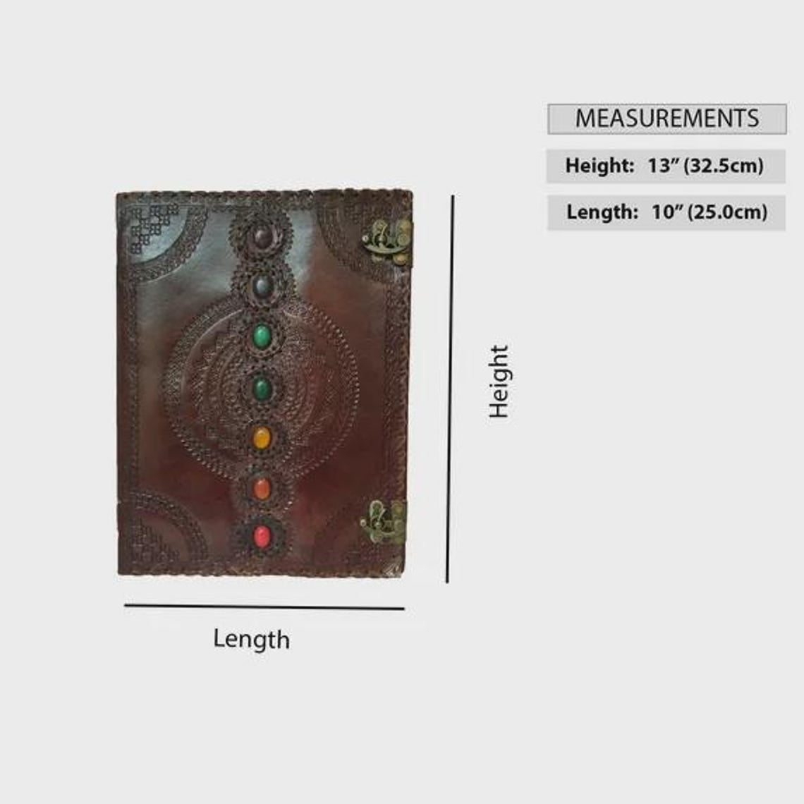 Leather Chakra Journal –Embossed Diary with Healing Gemstones, Antique Lock Notebook 240 page Spiritual Gift for Men and Women 10x8 Inch