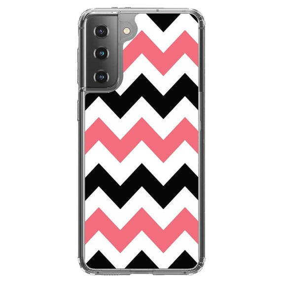 DistinctInk Clear Shockproof Hybrid Case for Galaxy S21  PLUS 5G (6.7" Screen) - TPU Bumper, Acrylic Back, Tempered Glass Screen Protector - Black Pink Chevron Stripes - Chevron Stripes