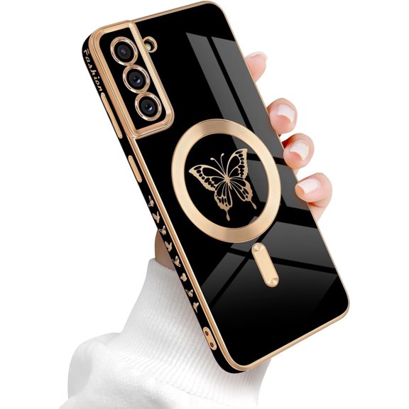 Samsung Galaxy S21 Plus 5G Magnetic Case, Luxury Butterfly Plating Edge TPU Shockproof Cover, Camera Protection