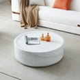 thumbnail image 4 of 31.49'' Round Coffee Table with Marble Texture, Modern Low Drum Circle Fiberglass Coffee Table, Side Table Accent Table for Living Room, Outdoor, No Need Assembly, White, 4 of 7