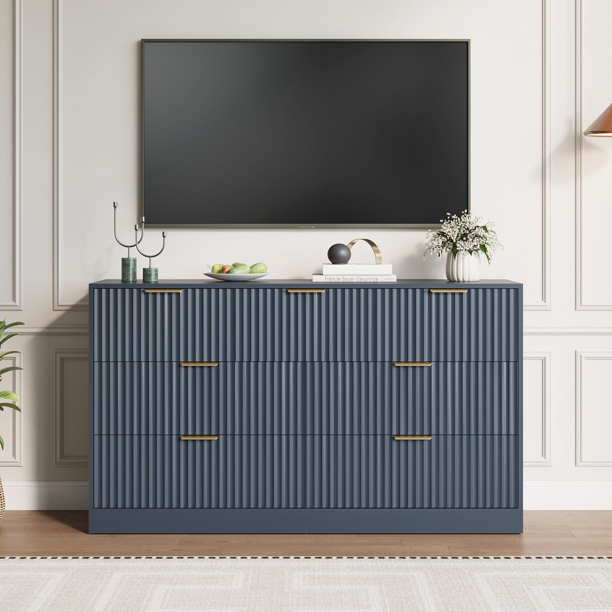 YouTrend 55.1"W Fluted Dressers for Bedroom with 7 Drawers,Modern Chest of Drawer TV Stand for Adults,Wood Clothes Storage for Living Room,Blue
