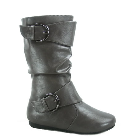 

Klein-80k Girls Kid s Causal Round Toe Flat Heel Buckles Zipper Slouchy Mid Calf Boots Shoes ( Grey 4 )
