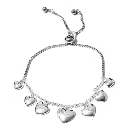 925 Sterling Silver and Stainless Steel Heart Charms Bolo Bracelet for Women Jewelry Gift