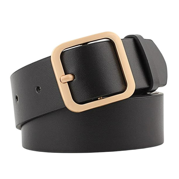 Cinturón de mujer, cinturón retro para mujer, ajustable, de piel sintética, con hebilla dorada. Negro