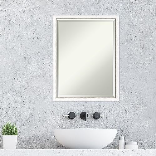 Amanti Art Wall Mirror, Morgan White Silver Wood Frame Mirror for Wall Decor or use as Bathroom Mirror for Over Sink (26.25 x 20.25 in.) Beveled Mirror, White Mirror, Modern Mirror from WI, USA