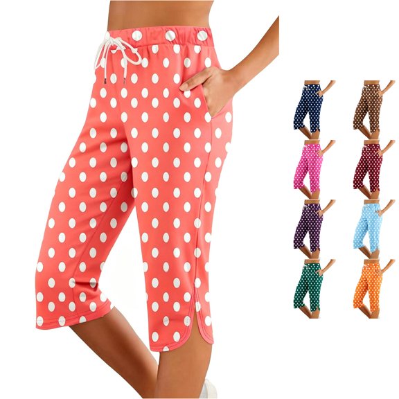 ANINEO Women Polka Dot Fashion Comfortable Casual Mid Waist Sport Pants Versatile Ladies Solid Color Summer Trousers