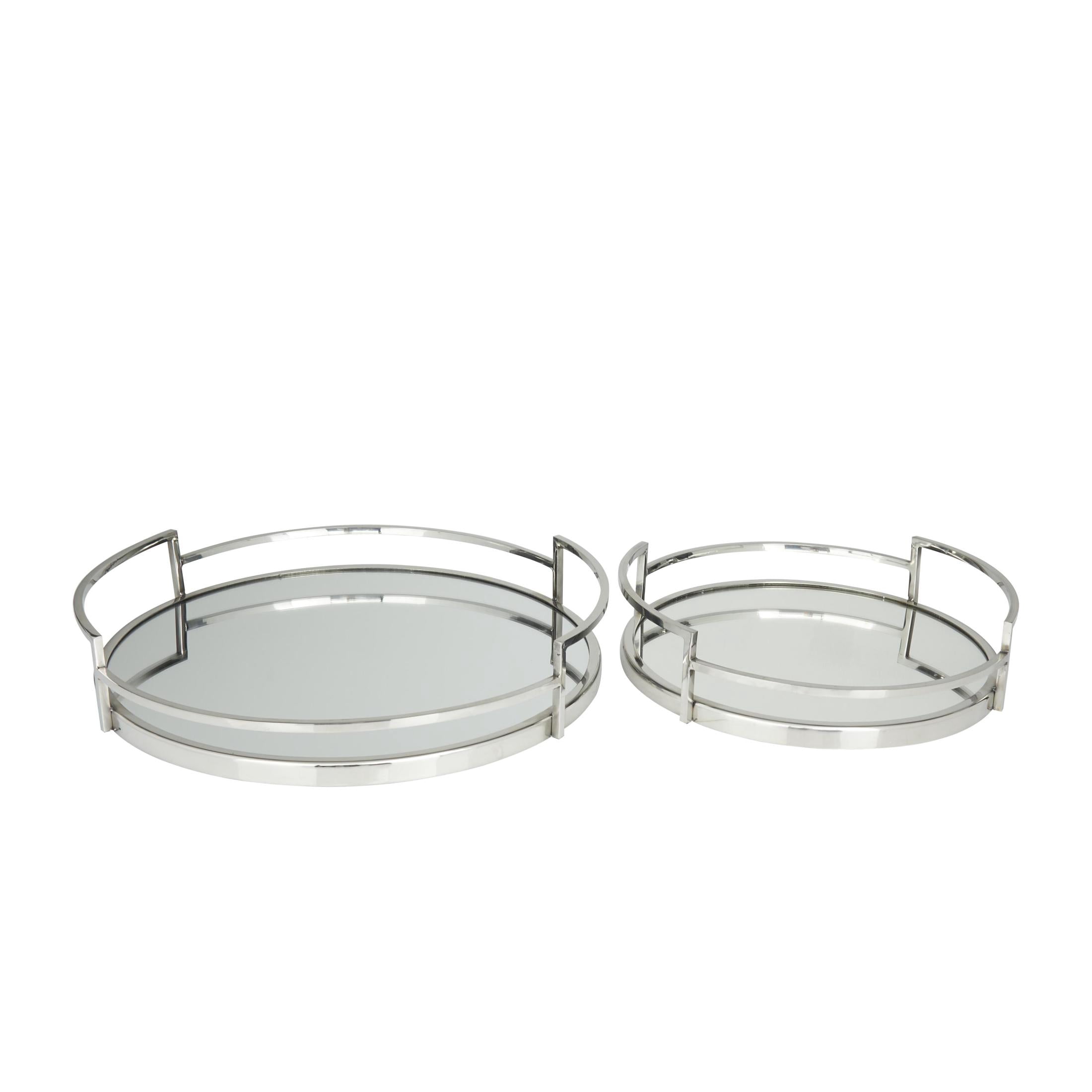 DecMode 19", 14"W Silver Stainless Steel Metal Mirrored Tray with Elevated Rim and Handles, 2-Pieces