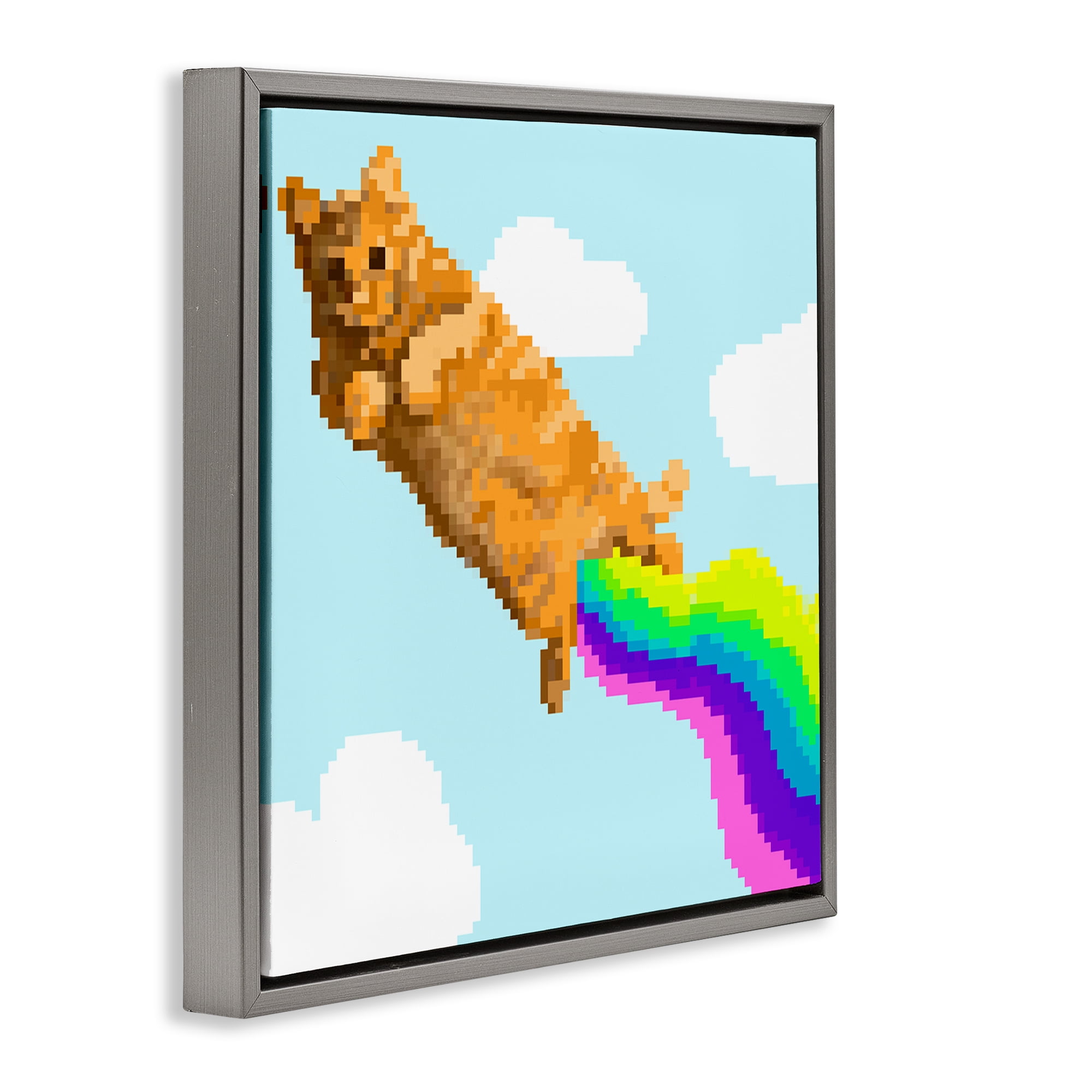 Stupell Industries Flying Rainbow Pixel Cat Animals Painting Gray Floater Framed Canvas Art Print Wall Art, 25 x 25
