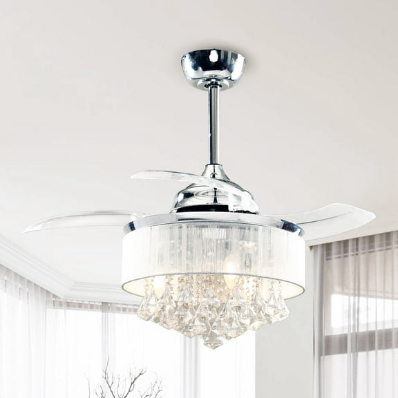 36-in Modern Chrome 3-Blades Crystal Retractable Chandelier Ceiling Fan with Remote and Light Kit - 36 Inches