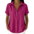 thumbnail image 3 of Duoif Women's Lapel Collar Cotton Linen Top Short Sleeve High Low Hem Casual Blouse Summer 2026, Hot Pink, L, 3 of 8