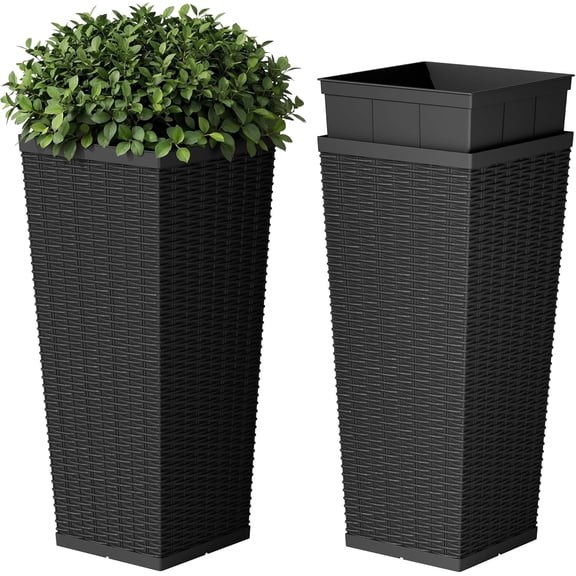 Set of 2 Resin Tall Planters, 30 Inch Taper Outdoor Plant Pots with Removable Inner Tray & Drainage Holes, Black Resin Flower Containers for Porch Patio Backyard Garden