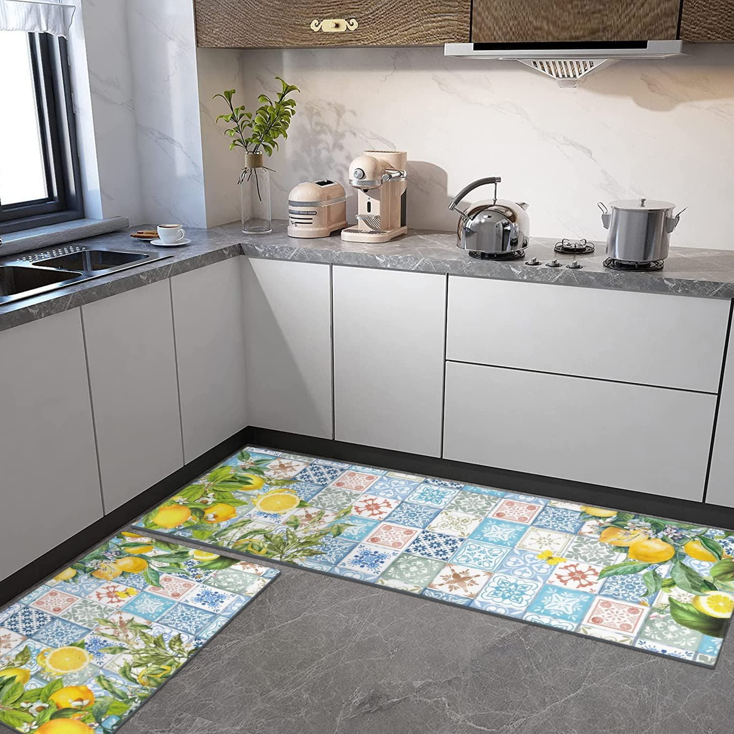 Lemon Kitchen Mat Set of 2,Boho Lemon Kitchen Rugs and Mats Non Skid Washable,Bohemian Kitchen Runner Rugs with Rubber Backing (17"x48"+17"x30")