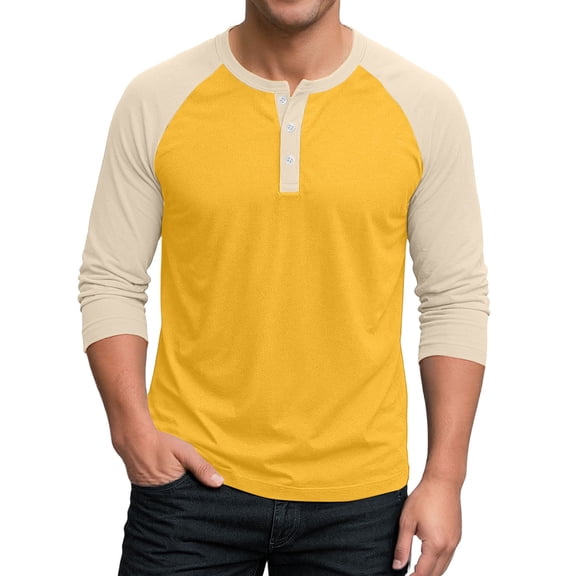 YNGKMEA Men's Henley T-Shirts 3/4 Sleeve Pullover Shirt Casual Fashion Color Block Shirts Summer Fall Athletic Tee