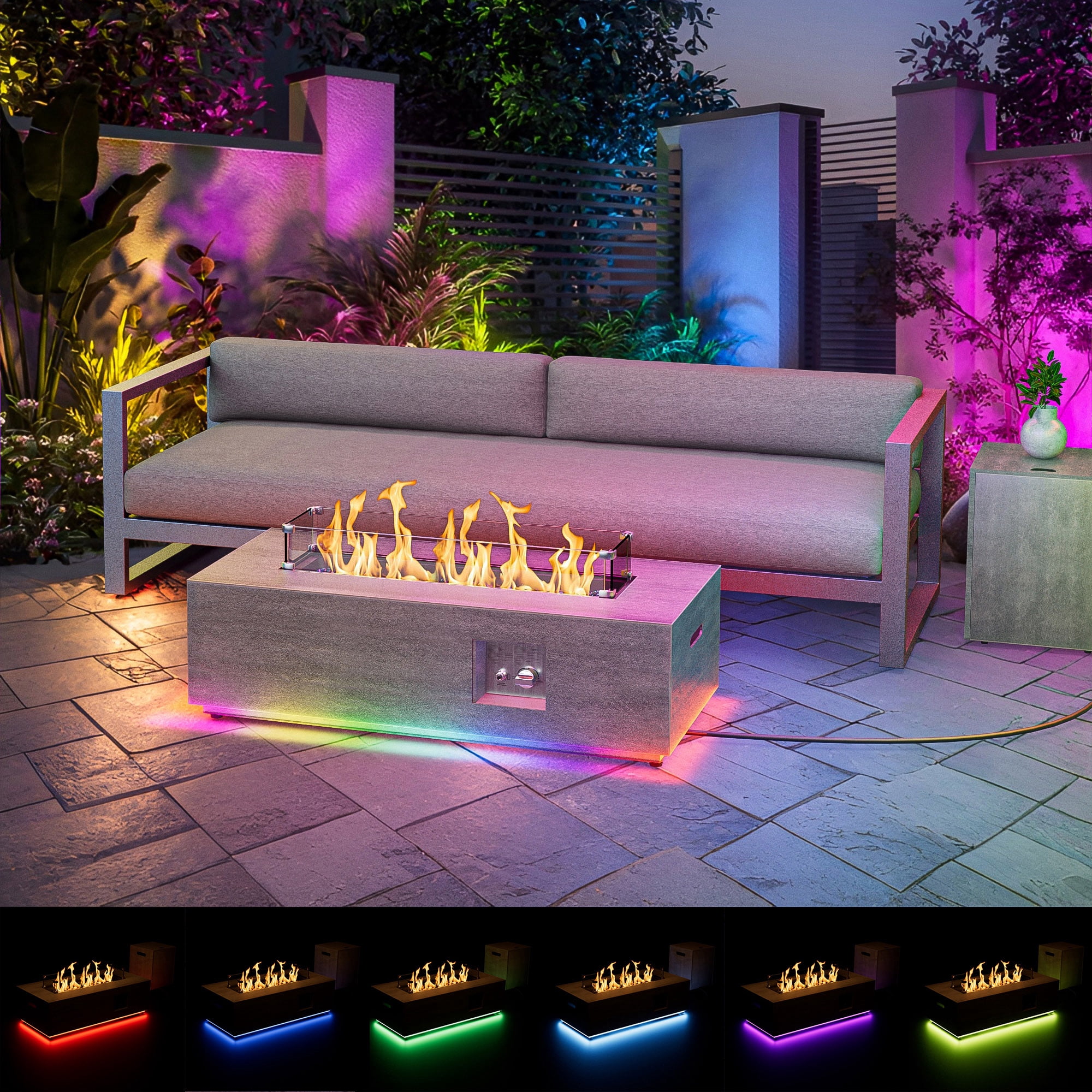 Evita 42" Propane Fire Pits for Outdoor 50,000 BTU Gas Fire Pit Table with Lid ,Glass stone,Windguard Glass,Tank Cover,LED Light Strip