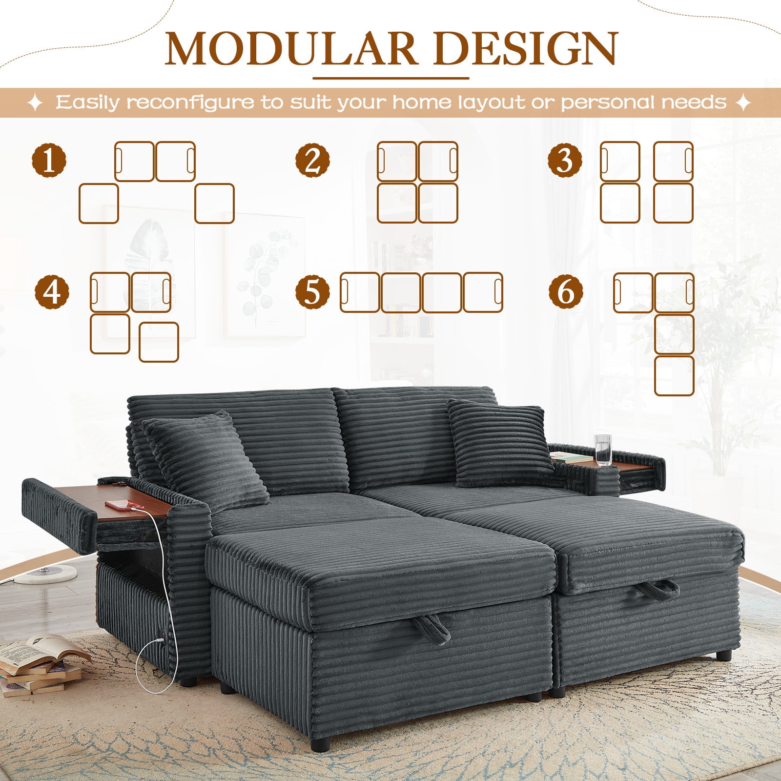 Muumblus Loveseat Sectional Sofa with 2 Storage Ottomans, Modular Cloud Couch with 2 Side Tables & USB, Plush Double Chaise Lounge Sofa Bed Indoor, Gray Corduroy