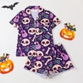 thumbnail image 4 of Matching Pajama Set for Women Halloween Classic Pajama Set Pumpkin Ghost Bat Print Short Sleeve Button Down Collared Shirt and Relaxed Fit Shorts Women's Sleepwear Purple S, 4 of 7