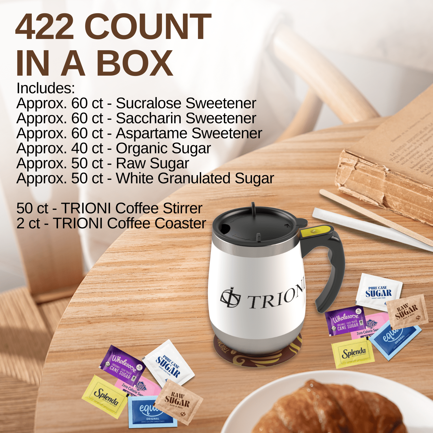 Sugar Packets and Sweetener Packets Variety Pack - 422ct - Splenda, Equal, Sweet n Low, Trioni Raw, Cane, and Wholesome Organic Sugar