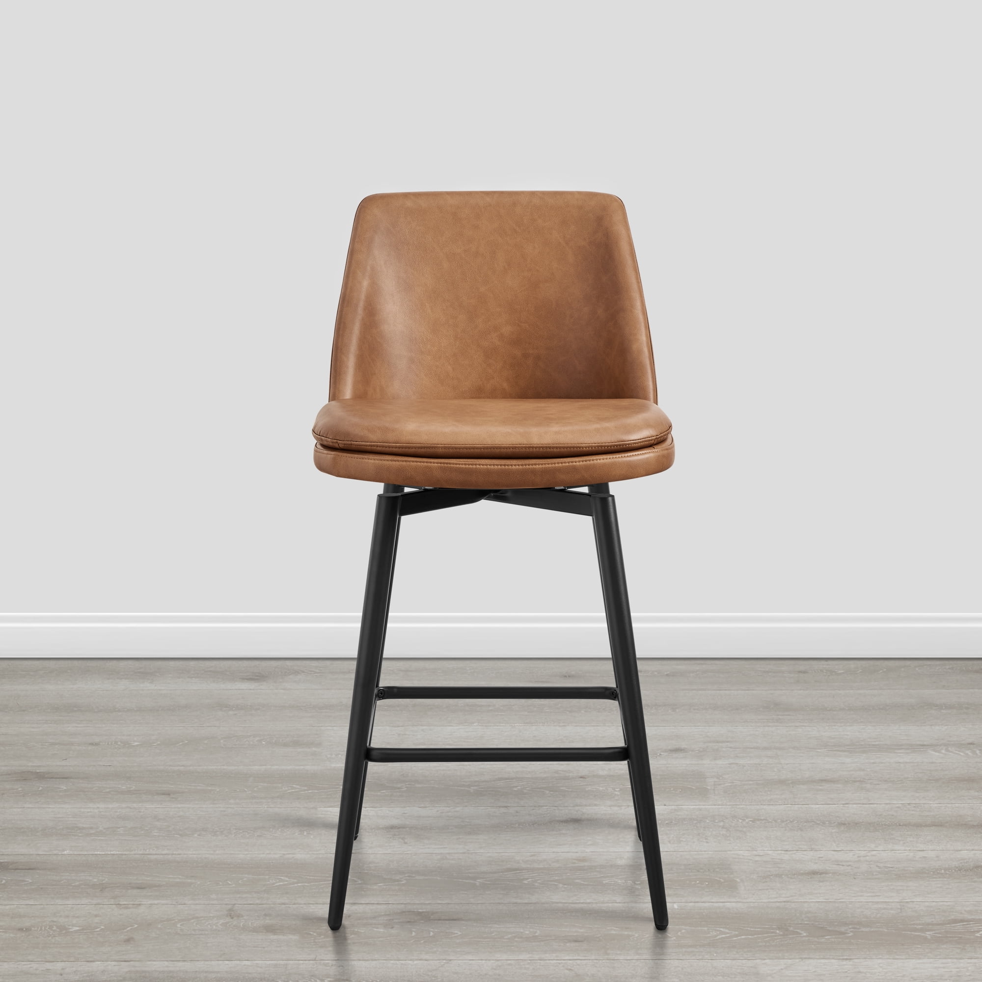 Spruce & Spring Counter Height Swivel Barstool with Curved Back and Metal Legs Set of 2, Cognac Faux Leather