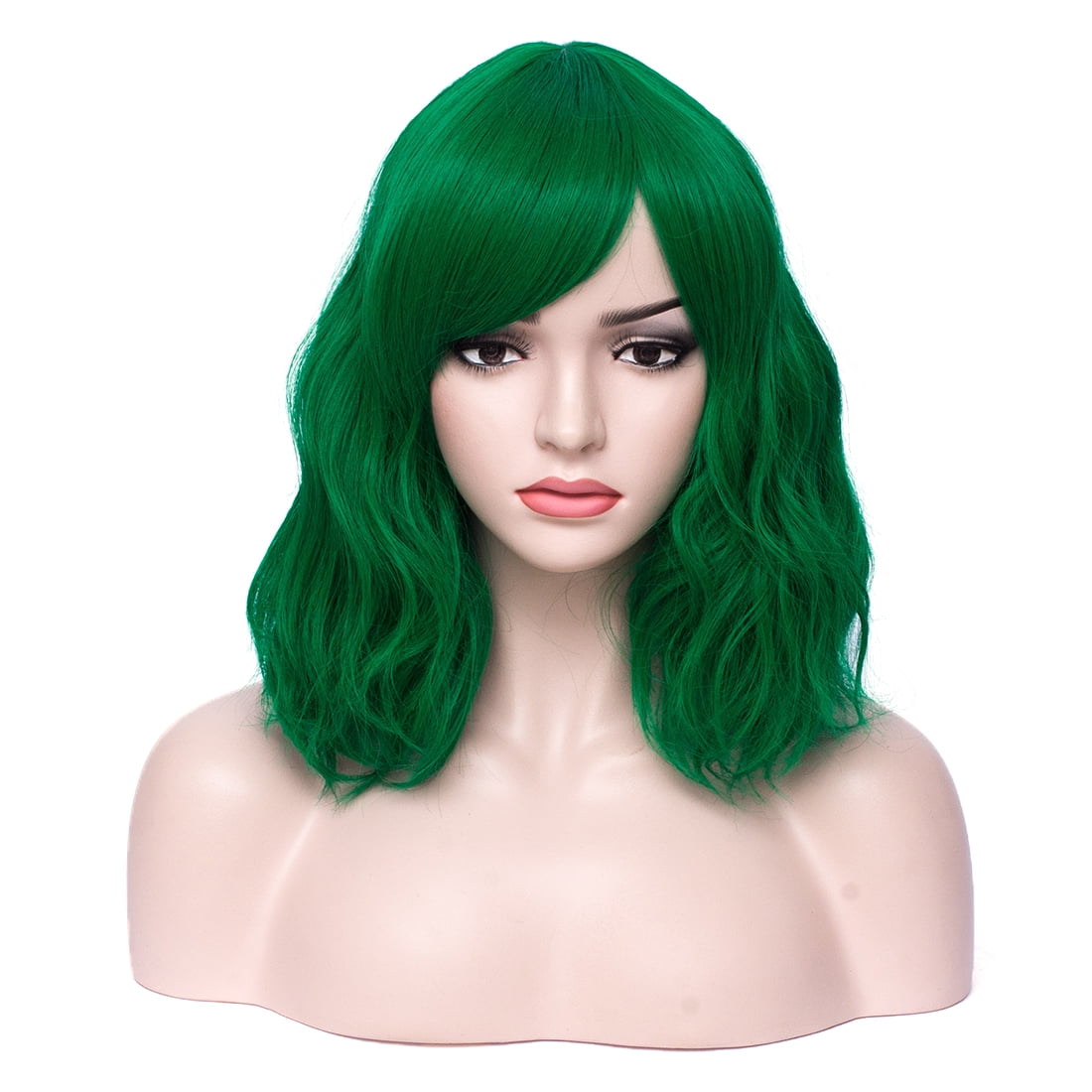 BERON Dark Green Short Wigs Curly Wavy Women Wig with Side Part Bangs Synthetic Hair Wigs