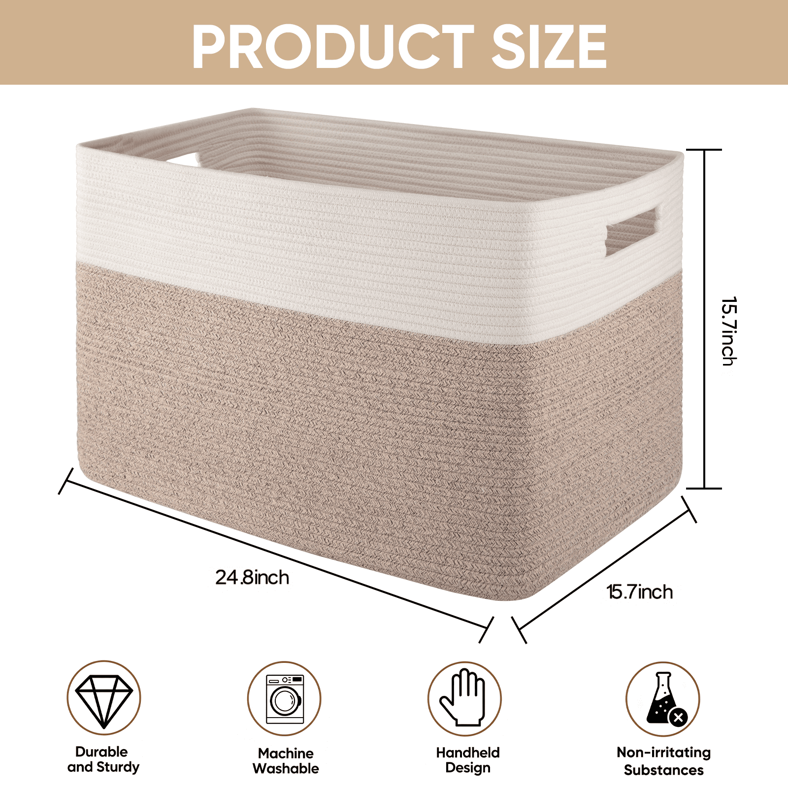 HLAOLA Large Rectangle Blanket Basket，24.8" x 15.75"W x 15.75"H，100L Cotton Rope Baskets for Storage with Handles, Woven Basket for Bedroom,Living Room,Bathroom
