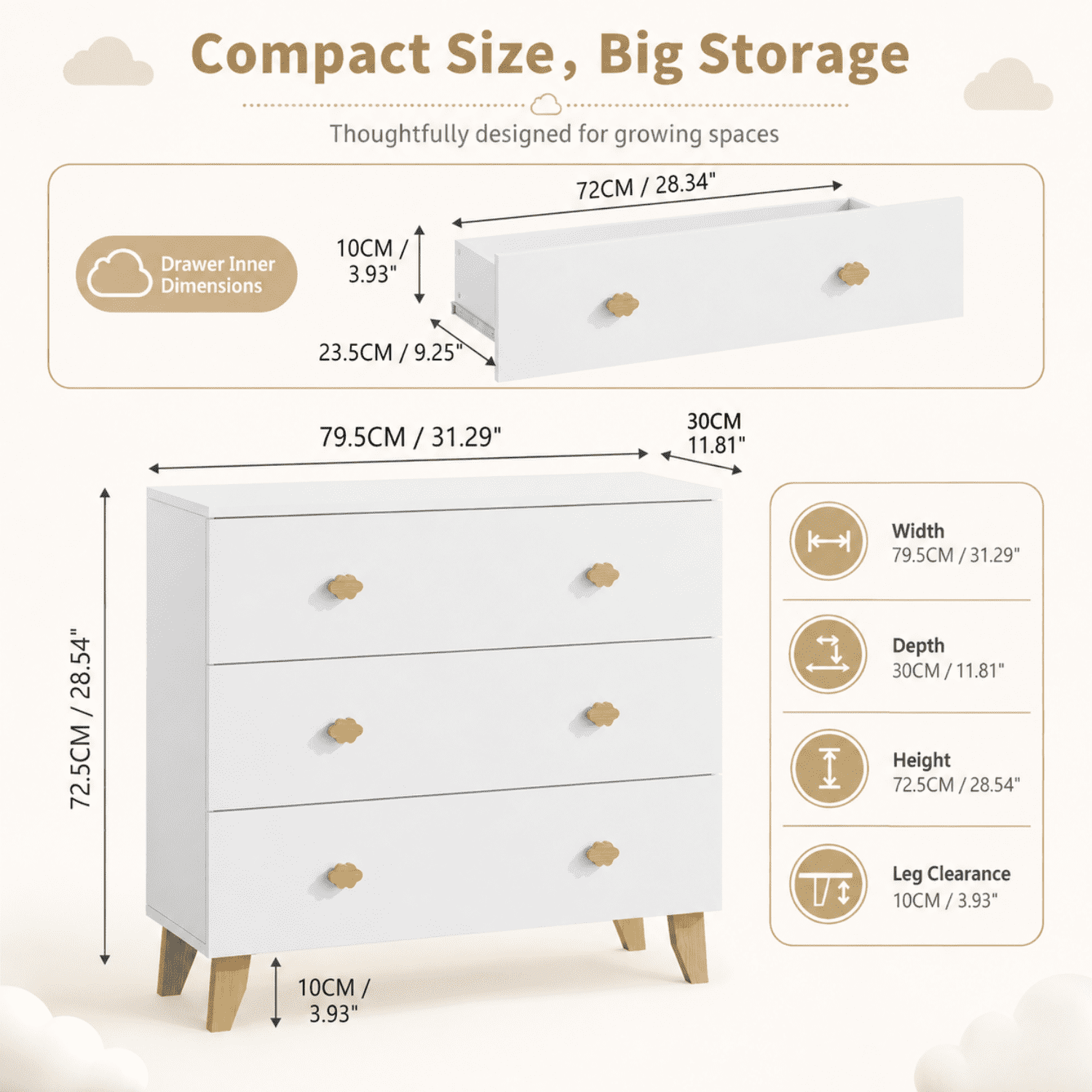 Miniyam 3-Drawer Dresser, Storage Chest with Cloud-Shaped Pine Handles for Bedroom, Nursery and Kids Room, Soft White