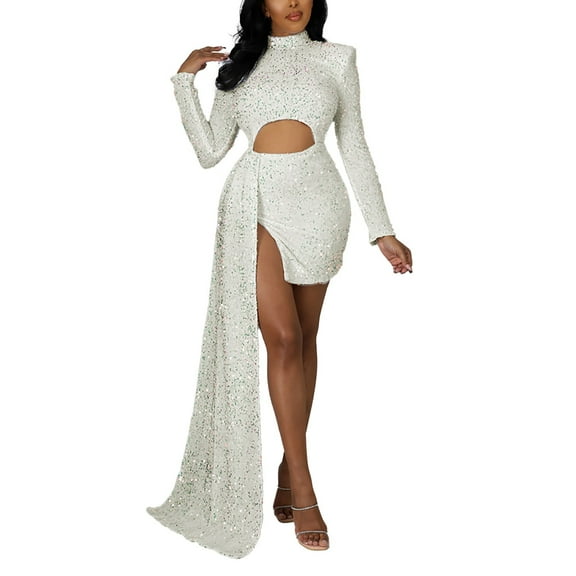 KaLI_store Women's Formal Dresses Womens Casual Summer Sleeveless Bow One Shoulder Ruched High Split Bodycon Maxi Dress White,L