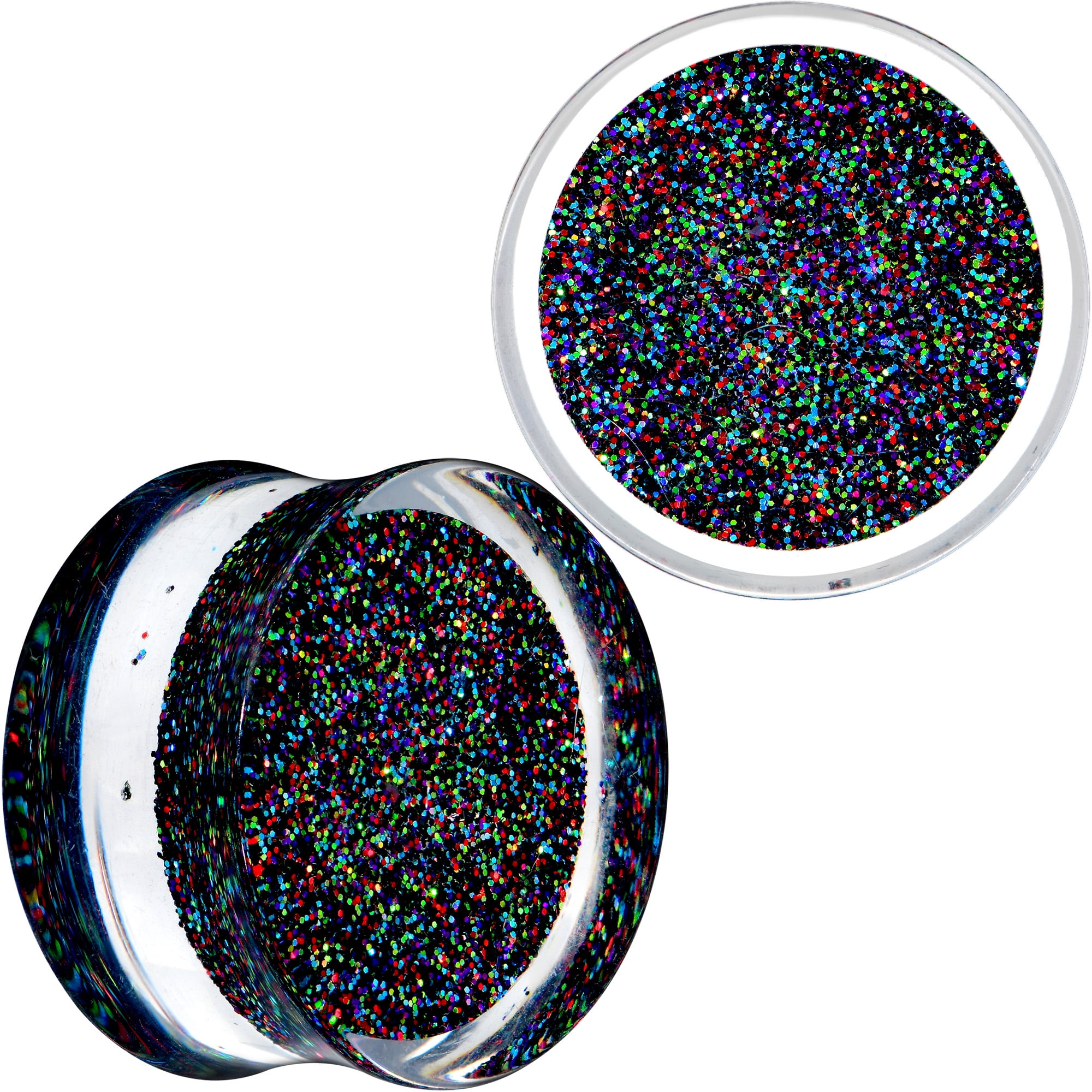 Body Candy Womens 7/8" 2PC Clear Black Acrylic Glitter Saddle Plugs