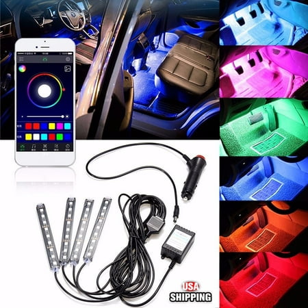 DC12V 5050 4IN1 36 LED Color Changing RGB Car Interior Decorative Floor A-tmosphere Strip Lamp Light Car Charger APP Controlled Sound