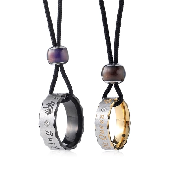 2PCS/SET Adjustable Stainless Steel Couple's Necklace Set - "Her King" & "His Queen" Inscribed Rings with Iridescent Bead, Perfect for Romantic Gifts, Valentine's Day Gift(Black&Silvey Golden)