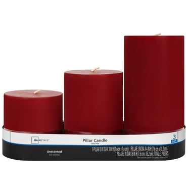 Mainstays Unscented Decorative Pillar Candle Set (3x3, 3x4 and 3x6) Red, Solid Color