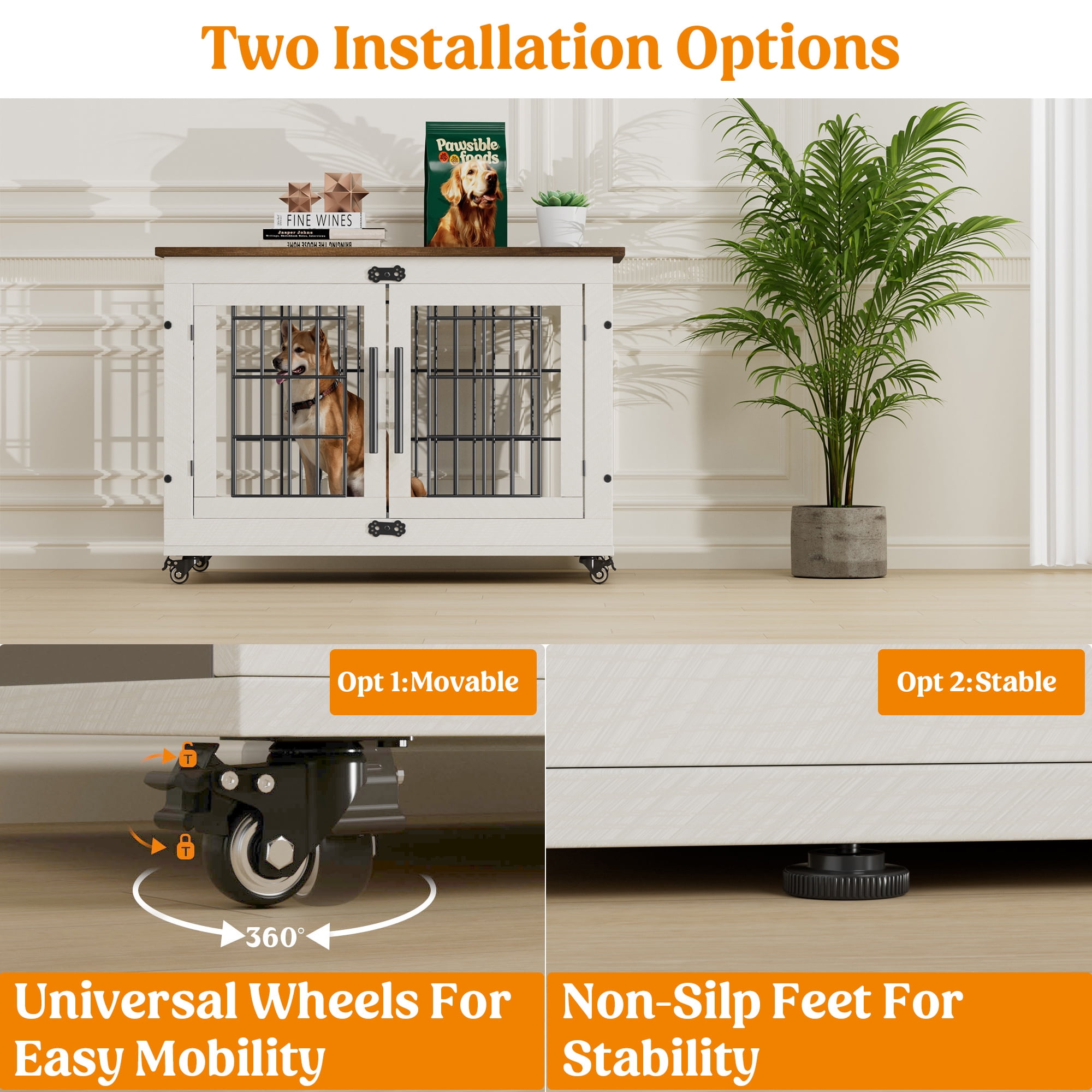 Aufeile Dog Crate Furniture with Wheels, 32 in Wooden End Table Dog Cage with 2 Doors and Removable Cushion, Indoor Pet Kennel for Medium Breeds, White