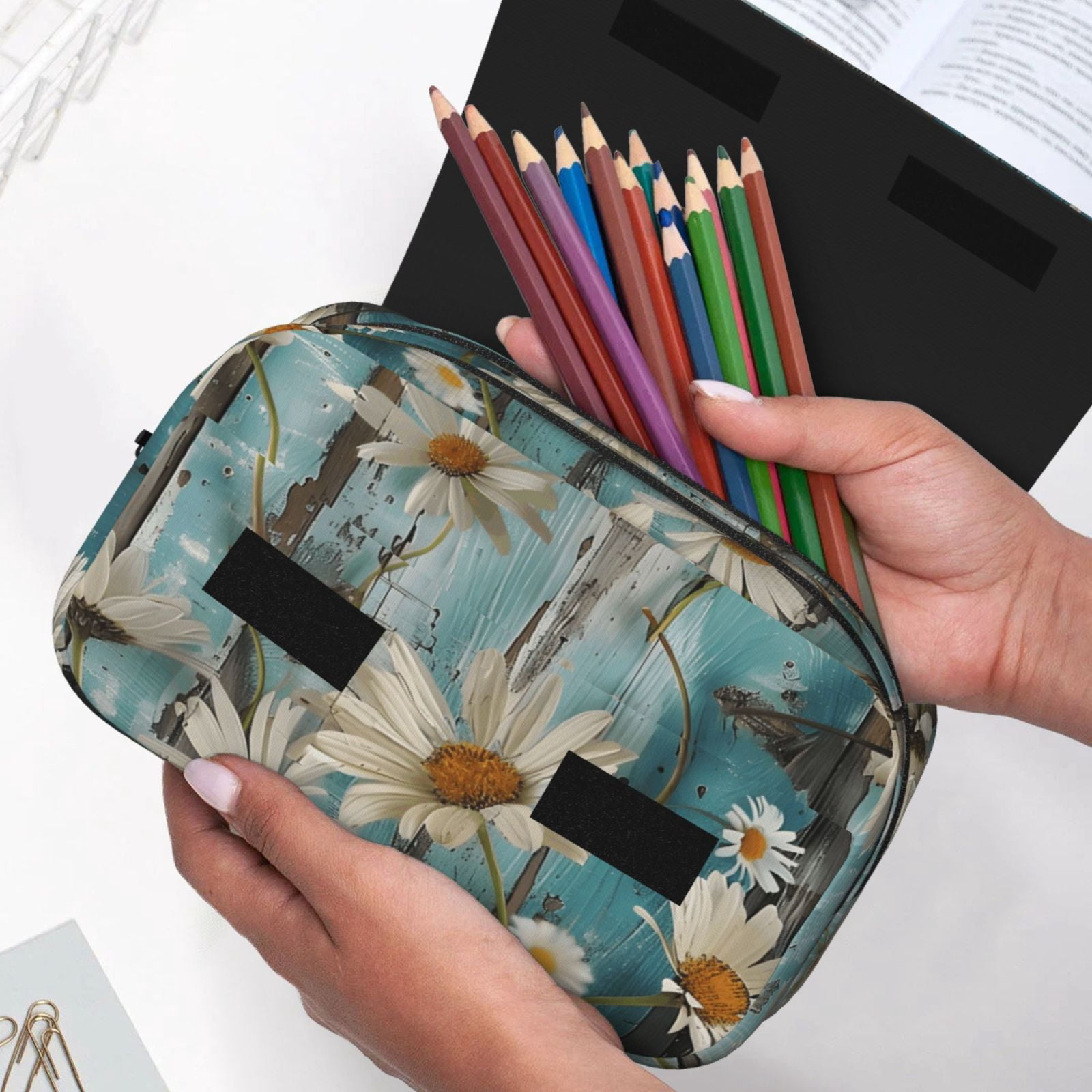 Large-Capacity Flip-Top Double-Layer Pencil Case, Multi-Functional Pocket Pen Case, Durable Stationery Organizer Turquoise Wood Farmhouse Sunflowers (12)