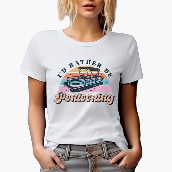 I'd Rather Be Pontooning with Retro Pontoon Art Merch Gift, White T-Shirt, Small