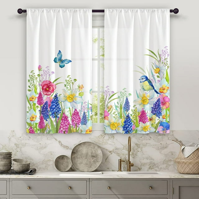 Innerwin Tringle à Rideau Poche Fente Panneau Rustique Imprimé Floral Aquarelle Rideaux Courts Anti-Moisissure Traitement de Fenêtre Style-4 27 Pouces*47 Pouces(70*120cm)*2