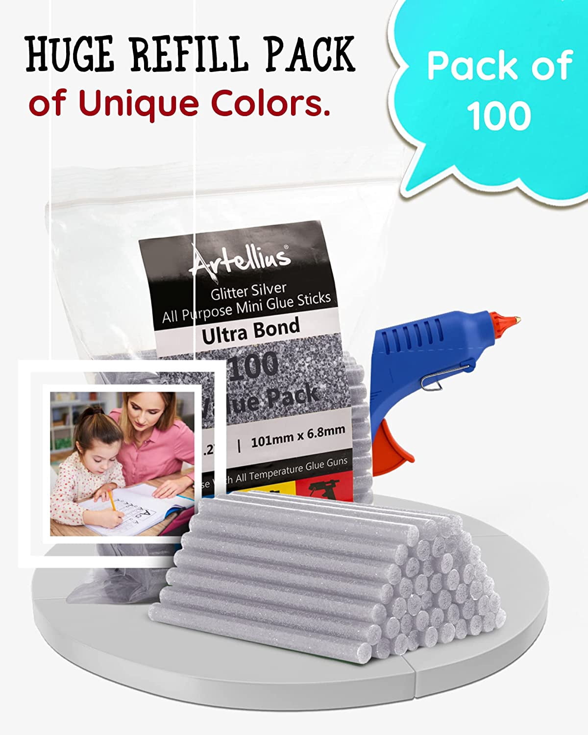 100 Pack Color Hot Glue Sticks. Glitter Silver Colored Glue Gun Sticks. Hot Melt Adhesive Mini Glue Sticks for DIY Art Craft Repair Bonding Bulk Gold Black Yellow Pink Red Purple