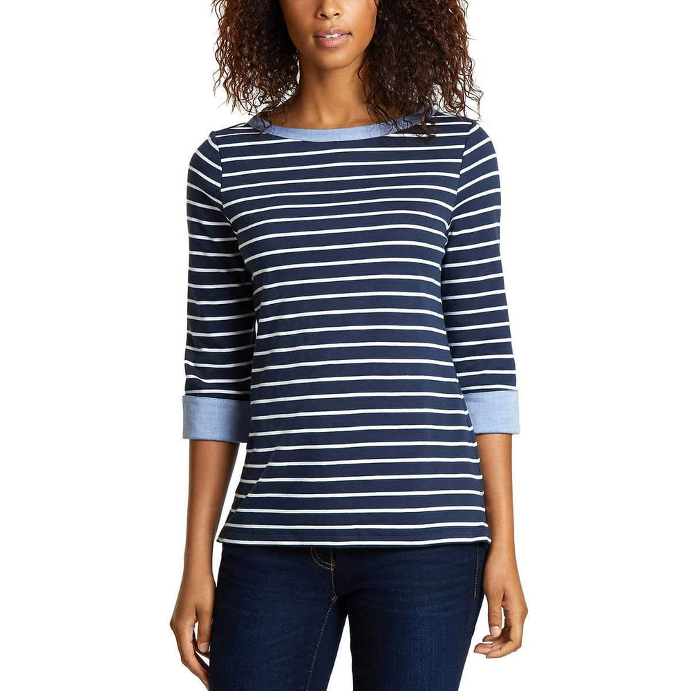 Nautica Nautica Women's 3/4 Cuffed Sleeve Chambray Casual Top Navy White XLarge