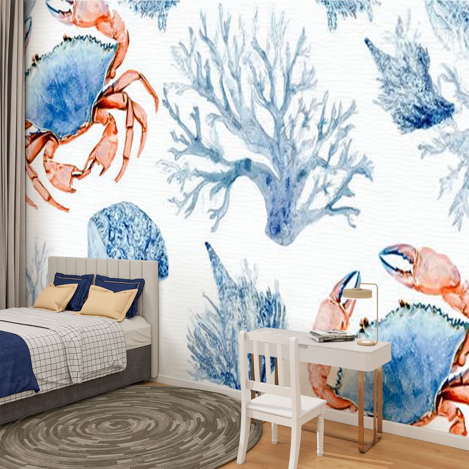 Peel and Stick Wallpaper sea blue crabs corals watercolor hand nautical style Modern Art Wall Mural Decor Self Adhesive and Removable 100in x 144in