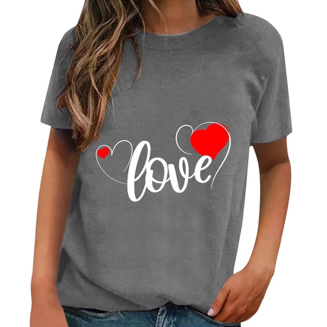 WEAIXIMIUNG Womens T Shirts Fitted V Neck Valentine's Day Short Sleeved Spring Summer All Printed Pattern Loose Crewneck Top T Shirt